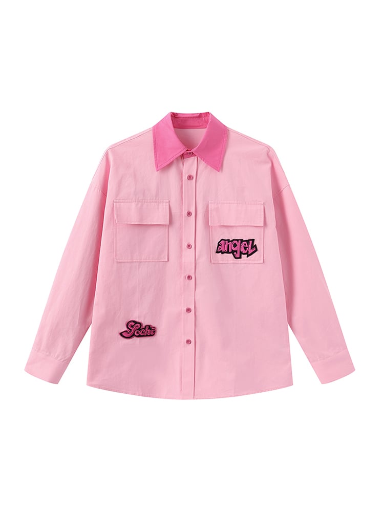 Collar Shirt with Letter Embroidered Patches Contrast Pink