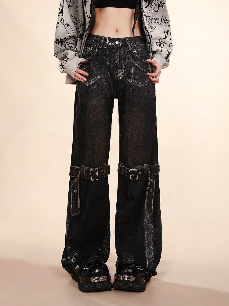 with Adjustable Knee Belt Design Waist Wide-Leg Jeans Black Low