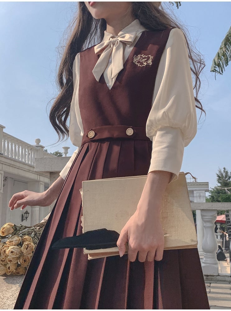 with 70cm Brown / Embroidery High Waist Box Pleat Overall Dress 65 Dove
