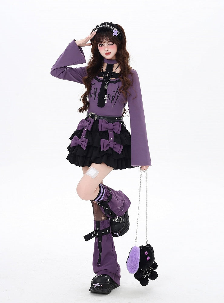 Purple Lined Leg Warmers Tiered Skirt with Criss-cross Bowknots Strap Black