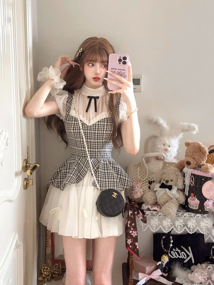 Kleid Muster Plaid Schwarz Faux Weiß Zwei-Stück Mit