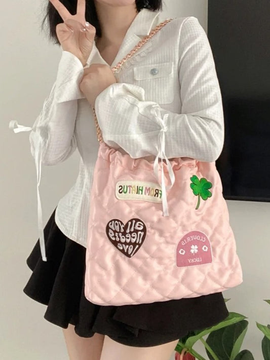 Sweet Pink Diamond Bag With Clover And Letter Embroidery Quilted Drawstring Shoulder