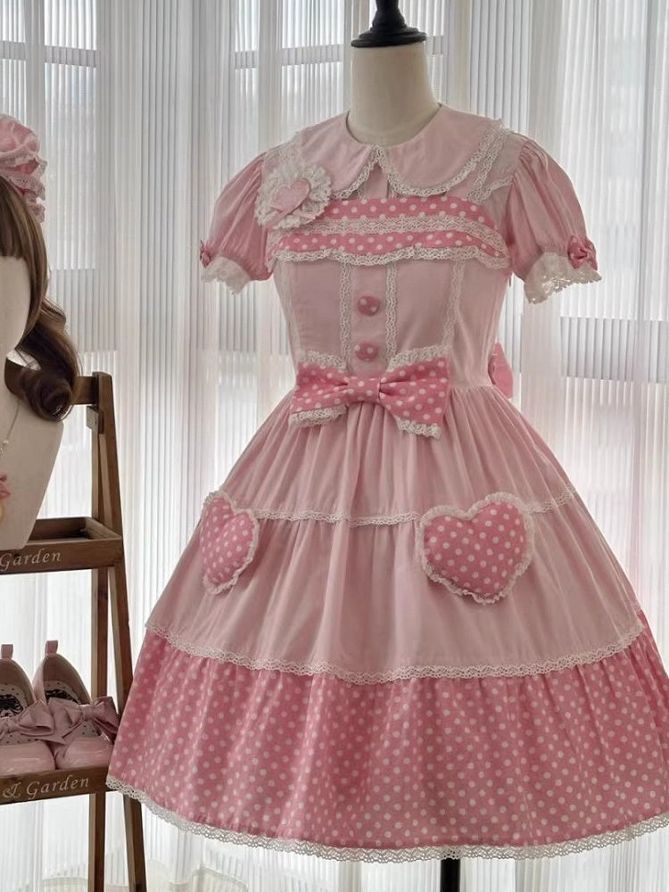 Cotton Old Polka Pink Dots School Dress Lolita White