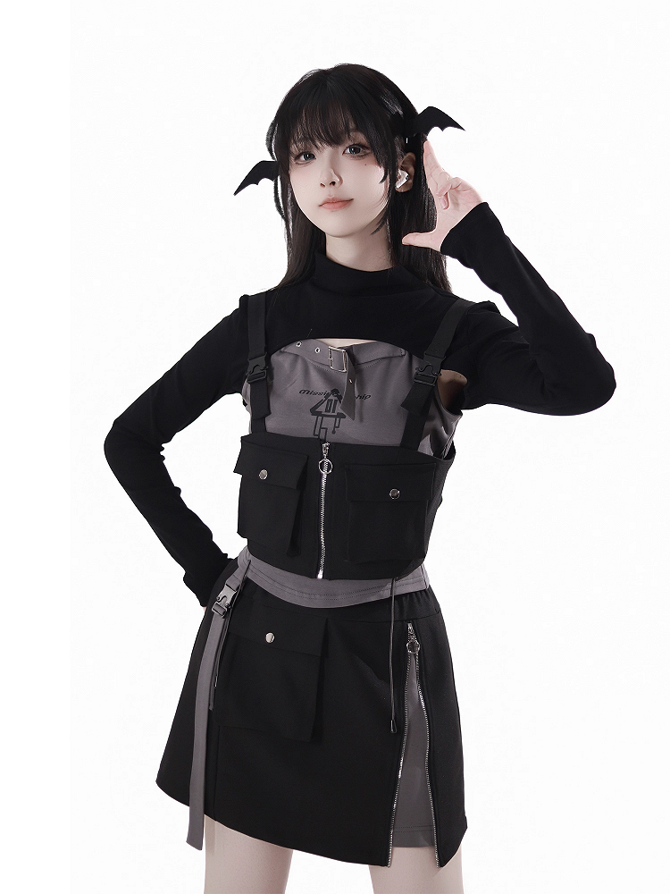 Black Snap and Zipper Detail Gray Techwear Skirt and