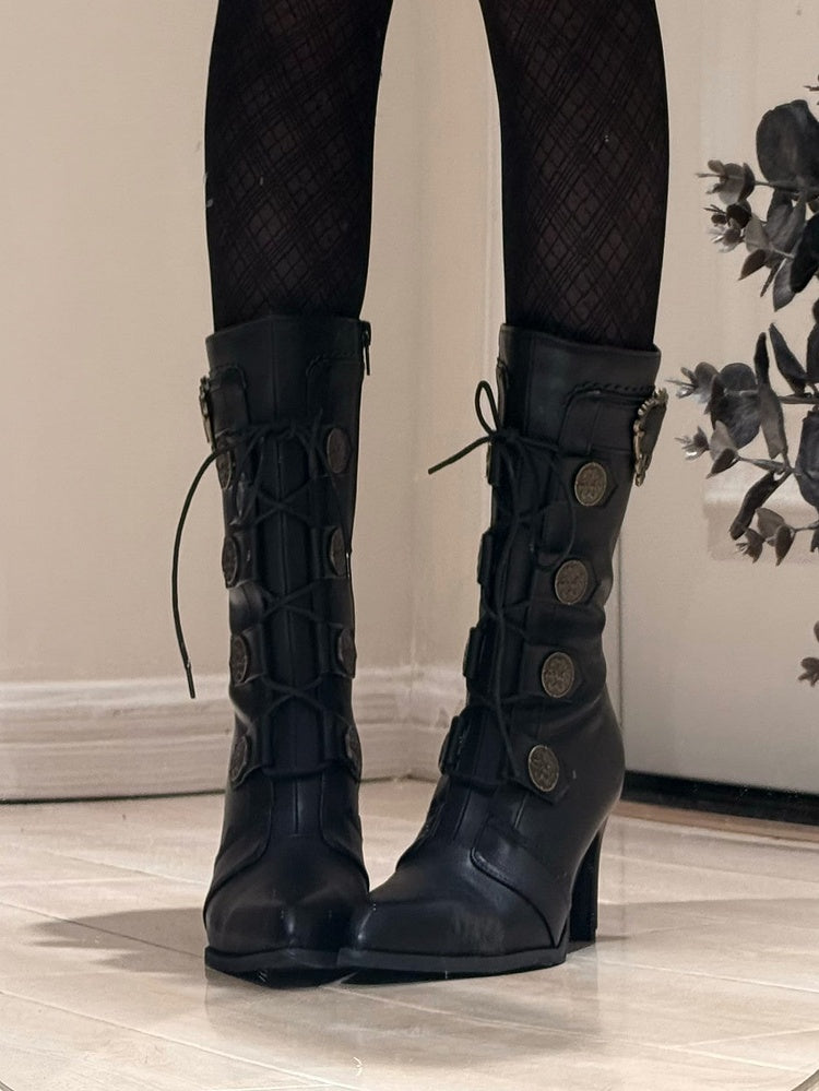 Lace-Up Pointed Leather Buckle Mid-Calf Boots Toe Elegant Embellishments - with Heels Lolita PU and Black