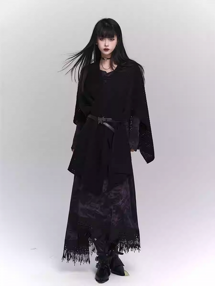 Wasteland Punk – Lilafarbenes, asymmetrisches Kleid mit Quastensaum und Seitenschlitz