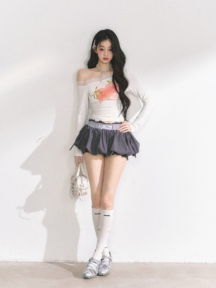 White Asymmetrical Neckline Strawberry Print Top