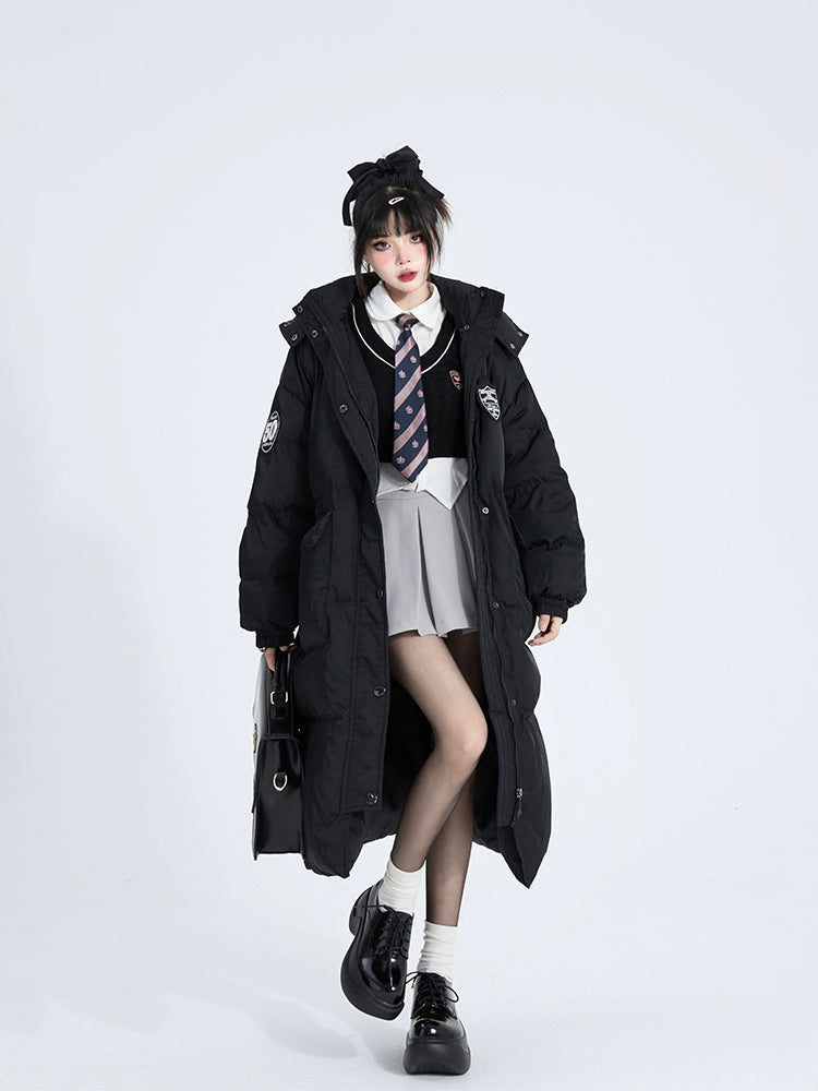 Mid-Length Preppy Mandarin Patches Black Coat Hooded with Badge Padded/Down Collar