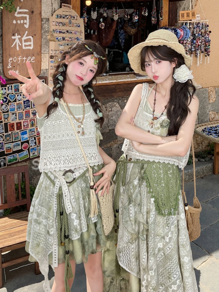 Floral Accent Beige Vest Hollow-Out Lace