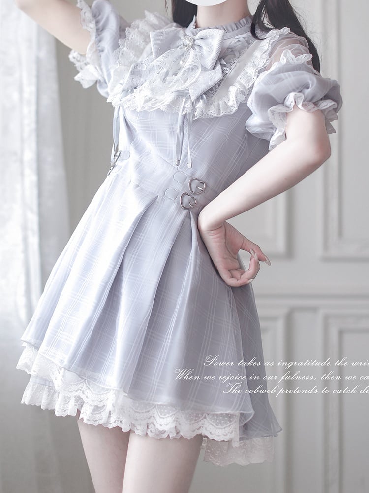Schulter-Cut-Kleid Dusty Blue Jirai Kei Plaid mit