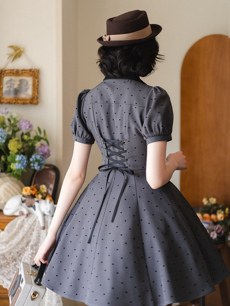 Black Gray Puff Dark Dress Sleeves Small Heart-shaped Pattern Fashion Retro