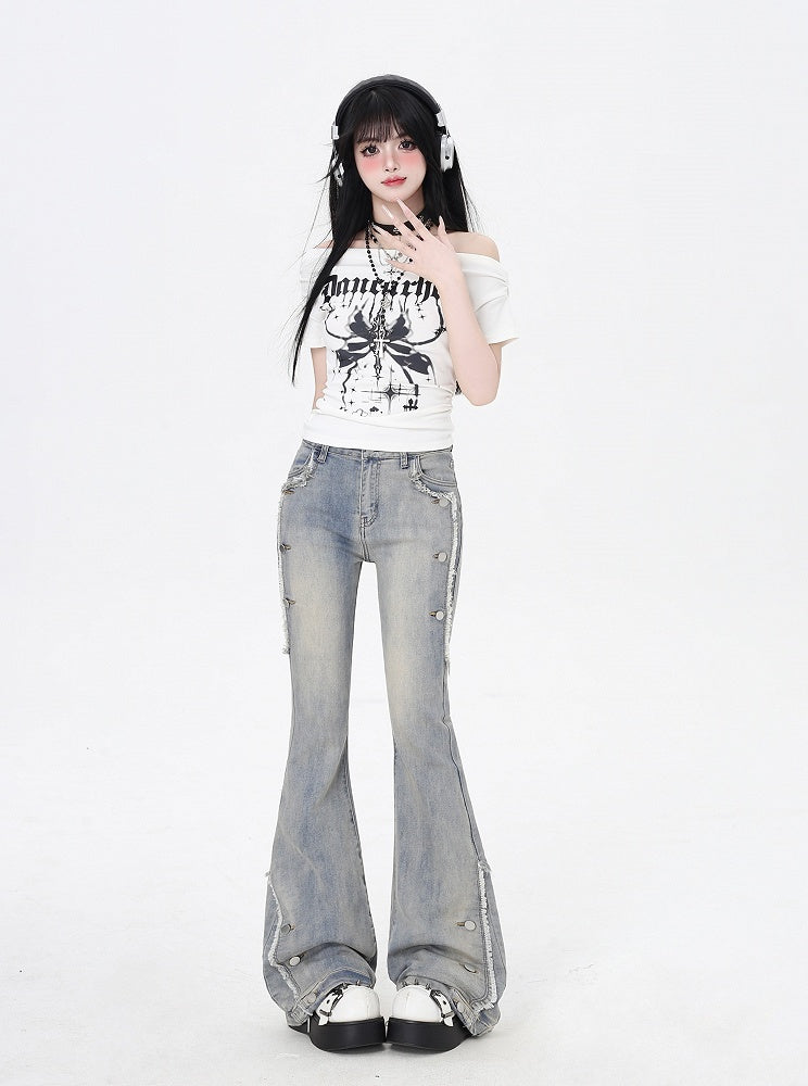Raw Hem Vintage Flared Jeans Glamorous Blue