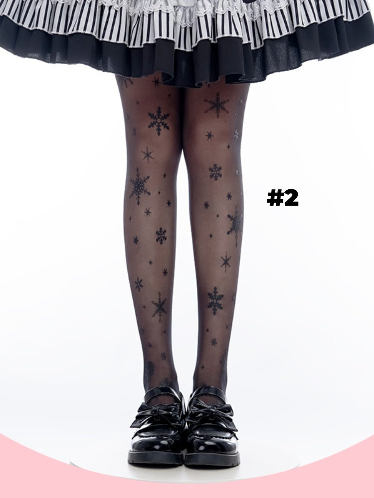 Weiß/schwarze Lolita-Strumpfhose mit Schneeflocken-Print