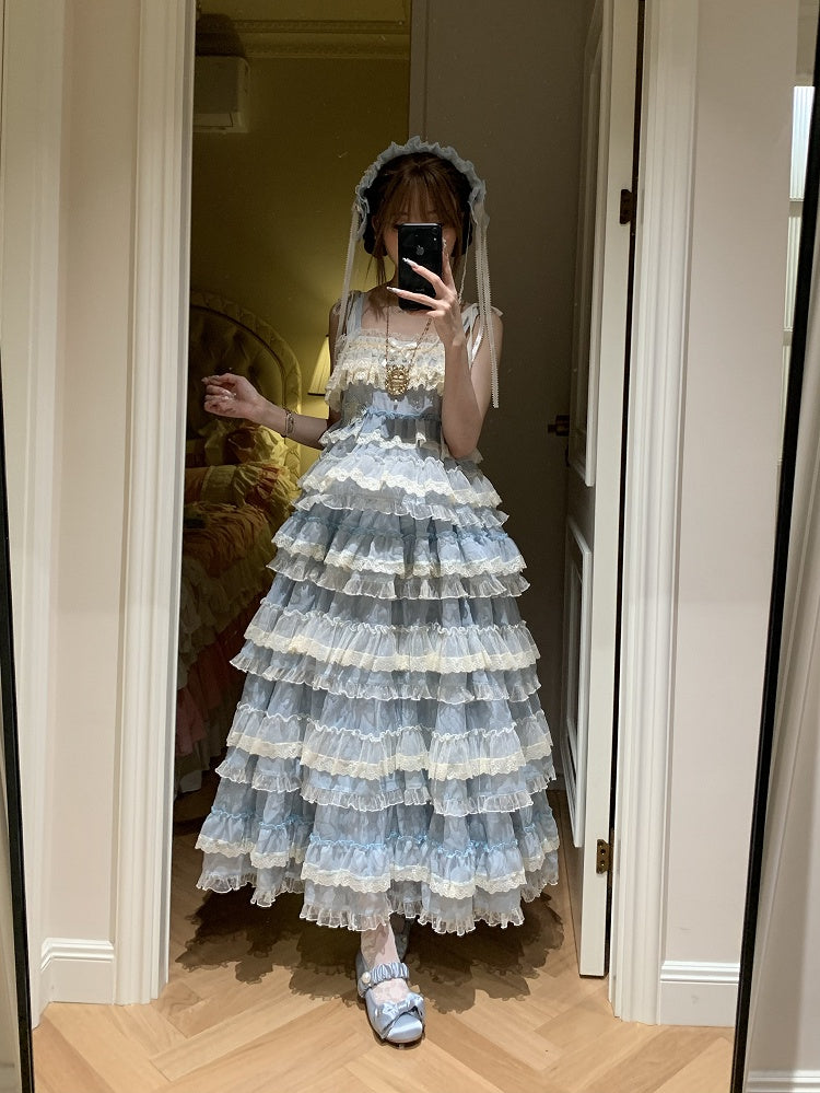 Goldfish Blue Adjustable Ruffle Sweet Embroidery Dress Lolita Straps and with Multi-Layered