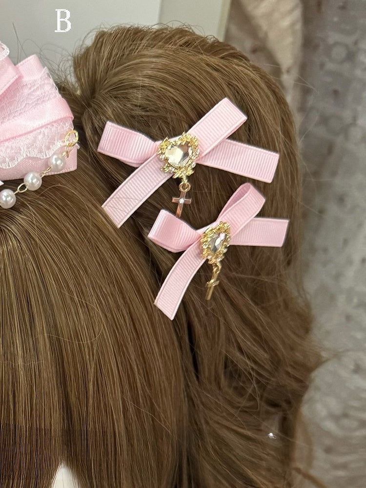 Rhinestone Design Heart Hairclips Pink Cross Beaded Floral Bowknot Charm + Decorated Hairclip