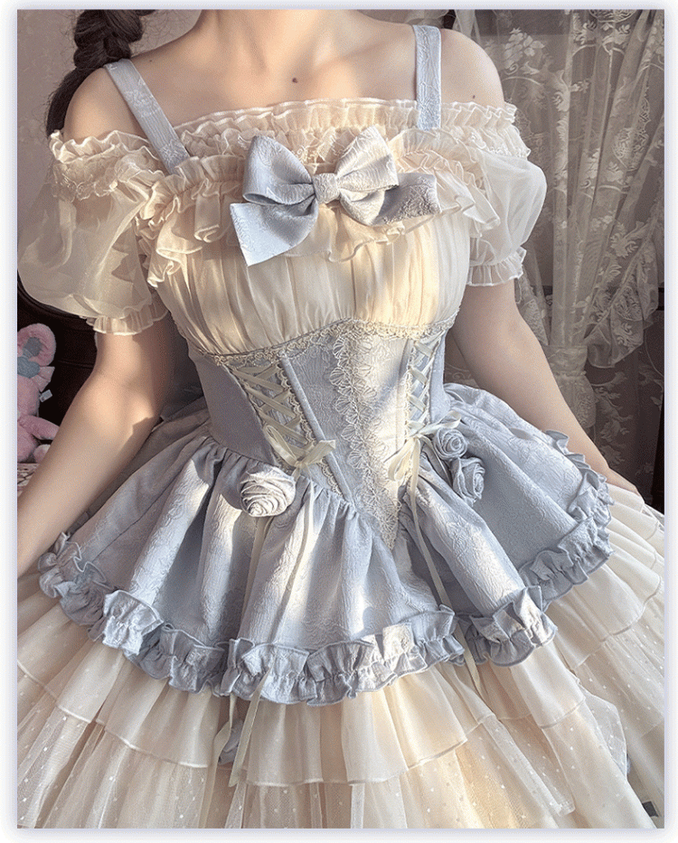 Beige Corset Waist Big JSK Lace-up Sweet Lolita Balletcore Dress Train Bow and with Blue