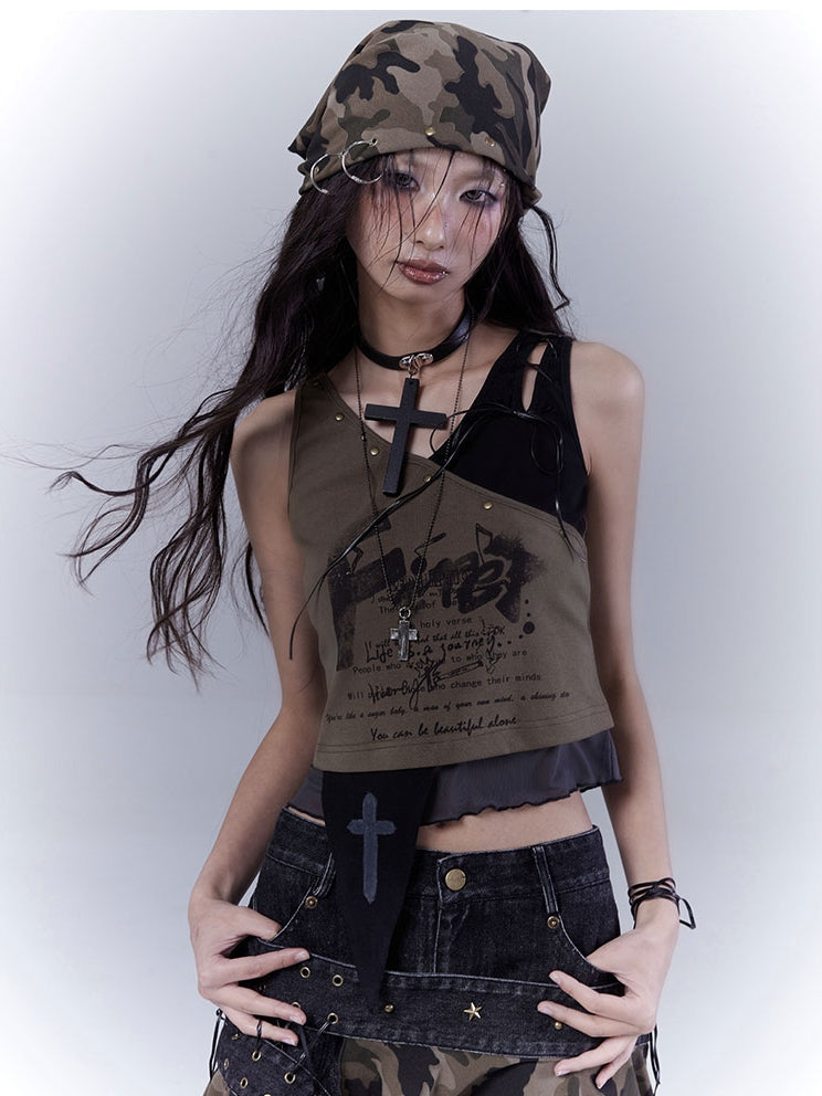 Grünes, geschnürtes Schulter- und asymmetrisches Saum-Tanktop Wasteland Punk Army