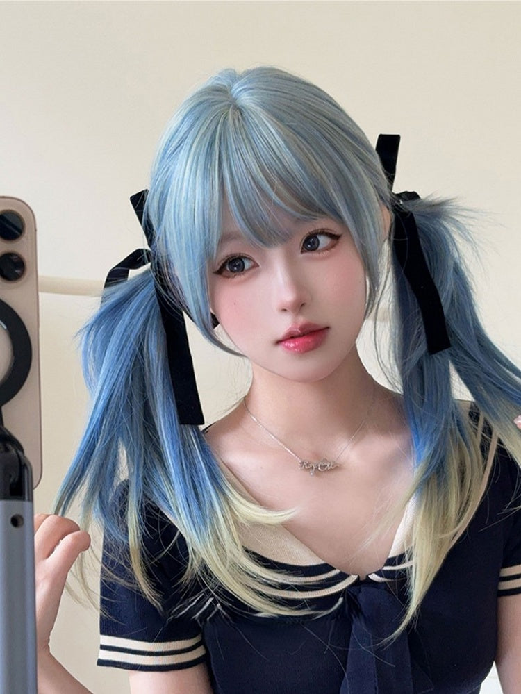 Straight Ombre 65CM Hime Color With Hair Air Cut Blue Bangs Length Wig