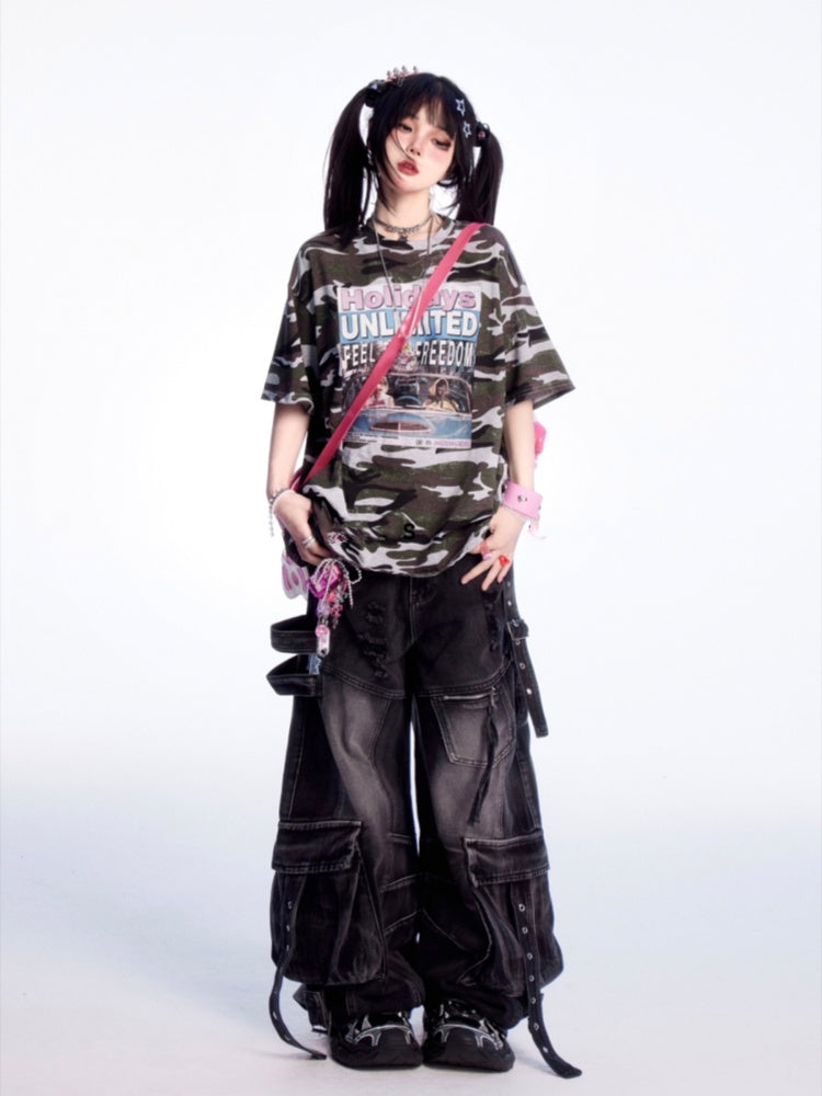 Jeans Rise Faded Wash Distressed Holes Wide-leg Cargo Black Low