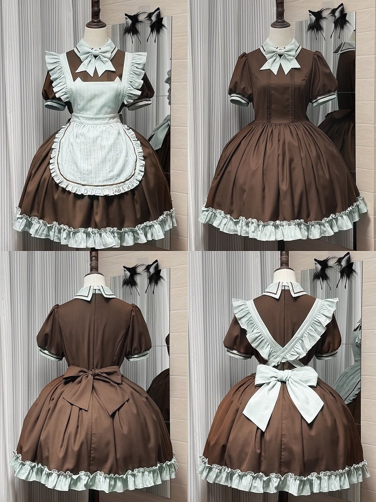 Dress Puff Short Lolita Sleeves Brown Kitty Mint Green + Maid and Apron
