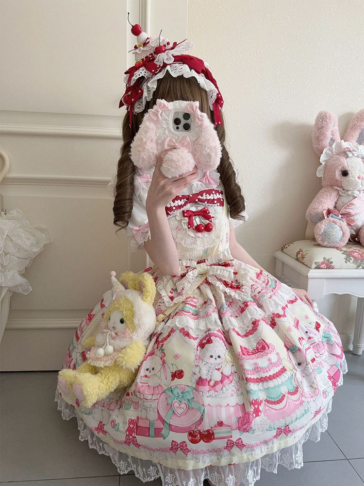 Sweet Dress Cakes Bunny Yellow Print and Skirt Lolita Jumper