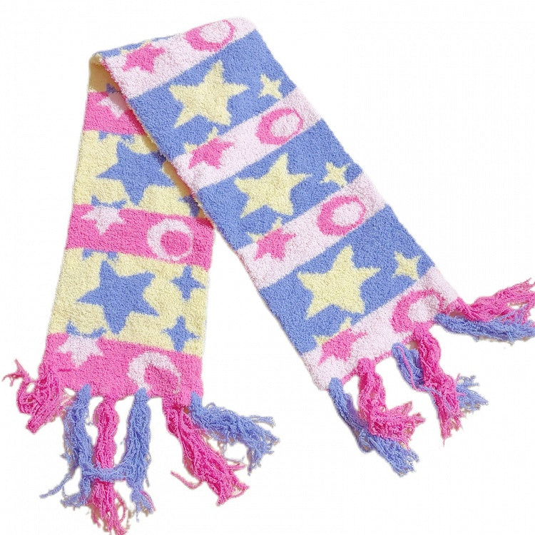 Star And Colorful Moon Striped Pattern Scarf Y2K