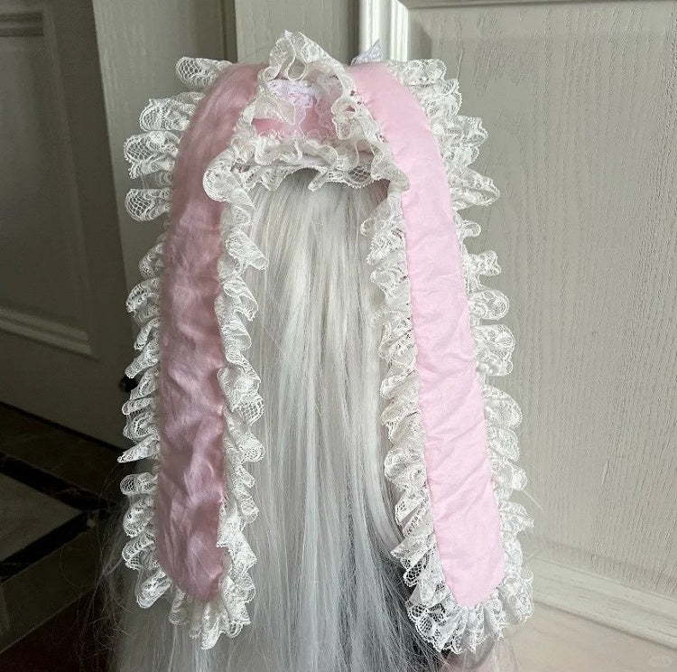 Rabbit with Pink Trim Beaded Lolita Headpiece and Extra-Long Ear Lace
