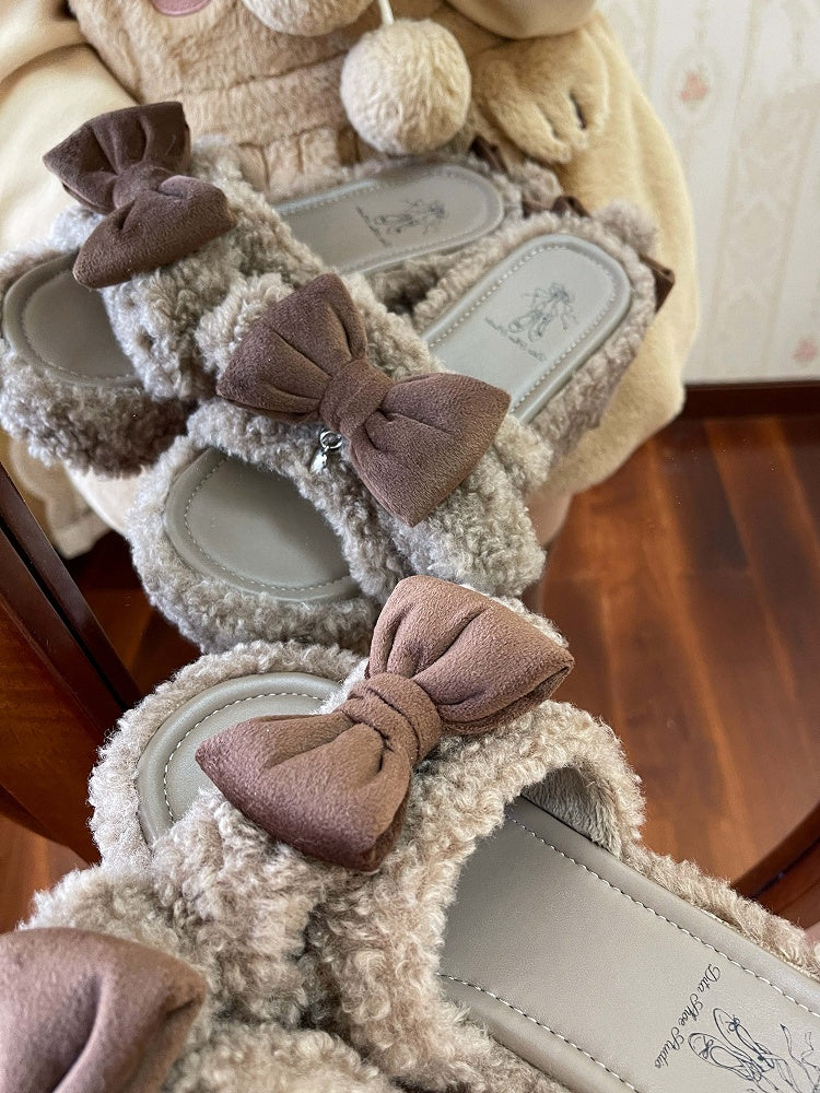 Brown Cute Bow Accents Lamb Ears Platform Winter Slipper