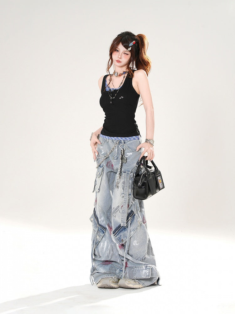 Tank Top Black and Blue Plaid Faux Two-pieces Slim-fitting