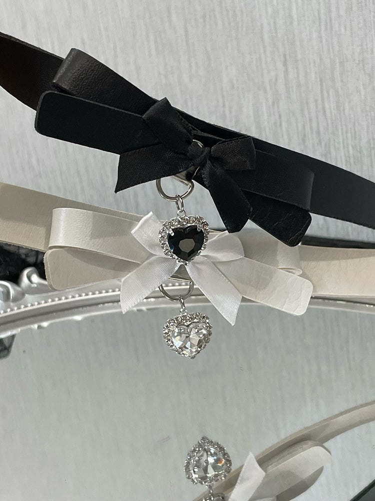 Heart Pendant Choker Black/White Design Rhinestone Bowknot