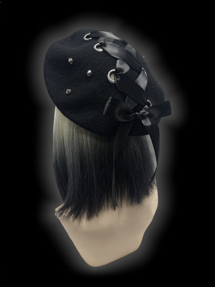 Y2K Black Lace-up Detail Studs Wool Beret