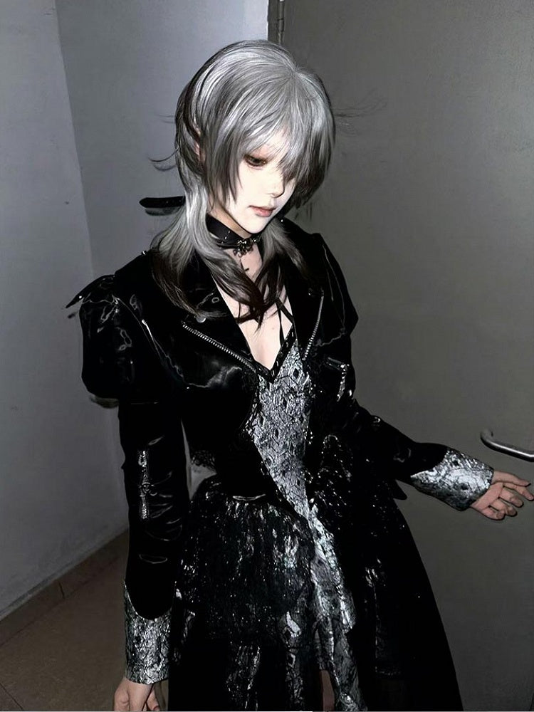 Black 45CM Ouji Bangs Ombre Straight Gray And With Style Length Wig