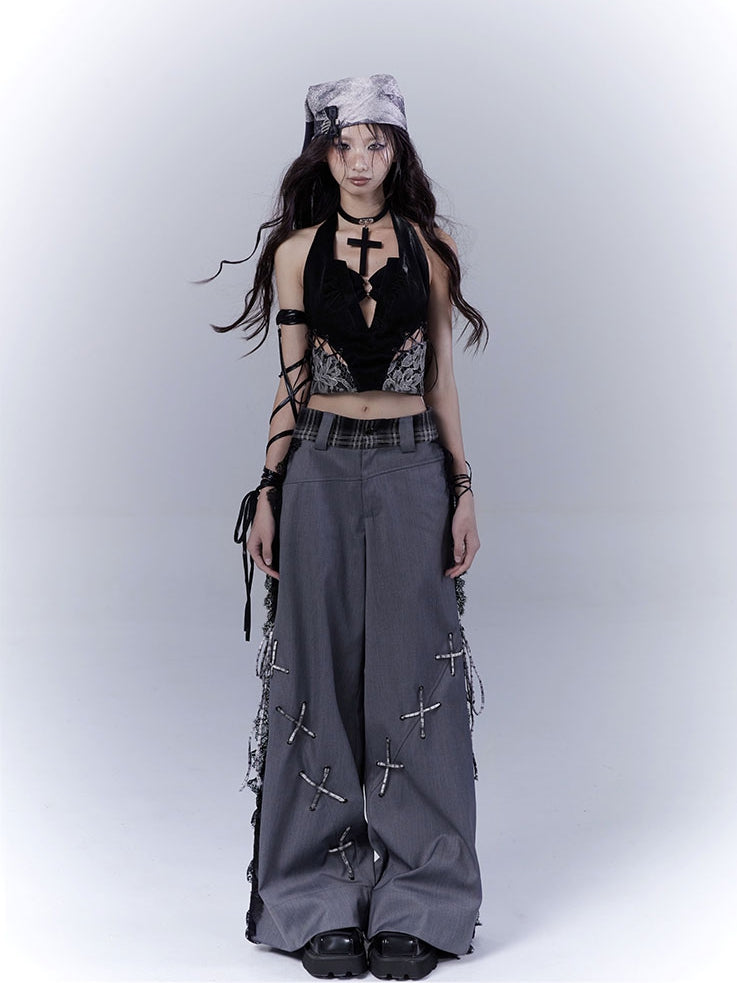 Dark Gray Lace Patches Details with Casual Pants Side Lace-up