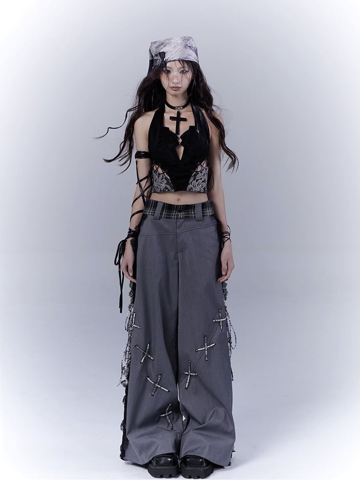 Dark Gray Lace Patches Lace-up with Casual Pants Details Side
