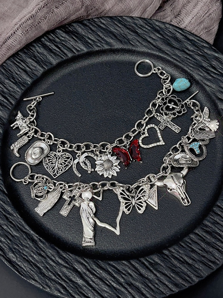 Bracelet Y2K Silver/Red And Butterfly Cross Heart Charm
