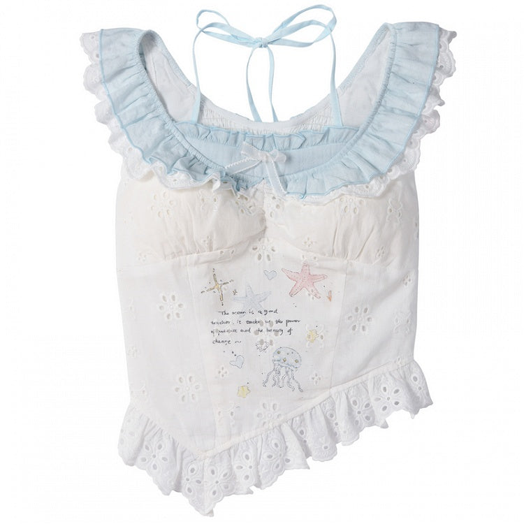 Curved Sleeves White Hem Sleeveless Top Starfish and Jellyfish Graffiti Flutter