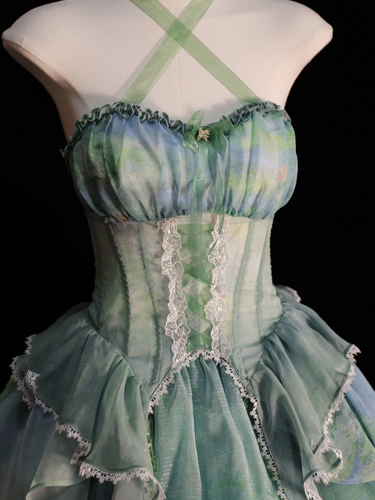 Fairy Oil Tiered Flounce Hem Halter Boned Corset Top Green Painting Print