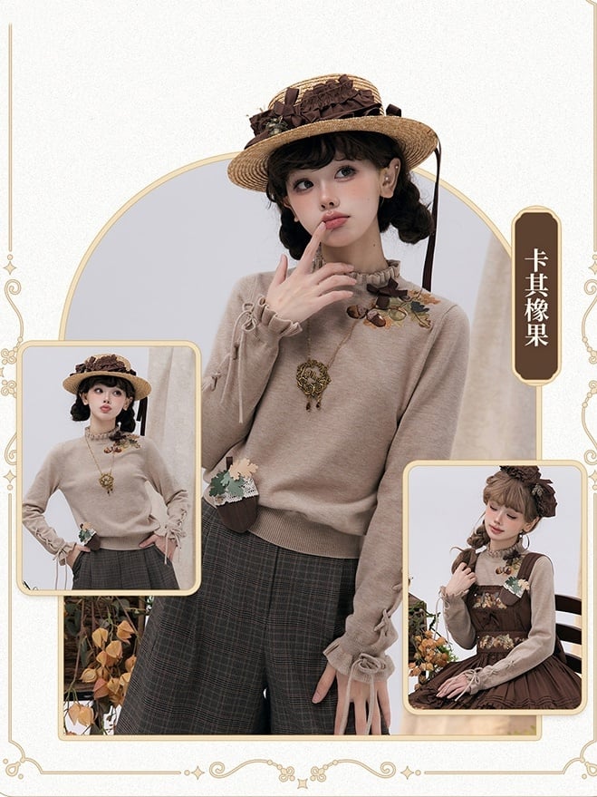 Autumn Pinecone Top Cuffs Khaki Neckline Lace-up Knit Embroidery