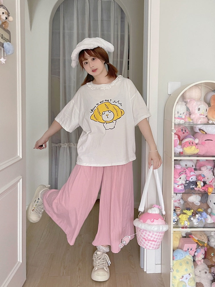 ピンクカーキワイドレッグカットパンツ