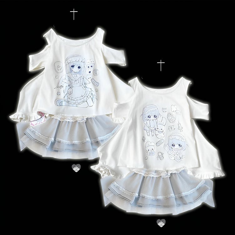 Yami Kawaii Cartoon Print Cutout Shoulder White Jirai Kei T-shirt