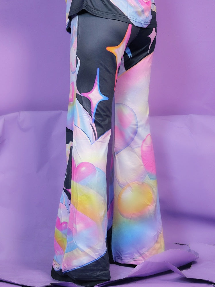 Fashion Colorful Gyaru Flared Cartoon Pattern Pants