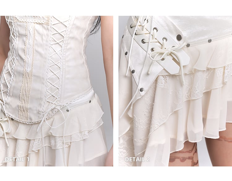 Asymmetrical Hem Tiered Skirt Strapless Top Lace Lace-up Beige Cross Applique /