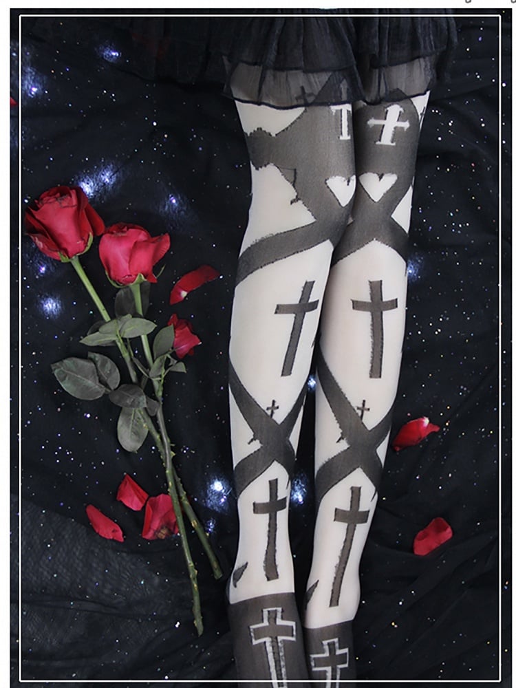 Cross Overknee Stockings Black/White Print Gothic