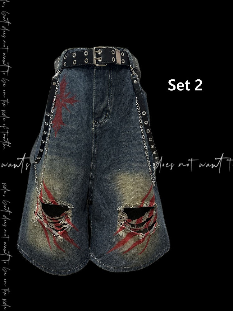 Print Blue Faded Holes Scratch Wash Distressed Wide-leg Denim Shorts