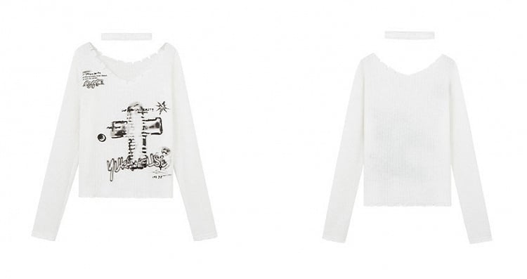White Sweater Choker Cross V-neck Punk with
