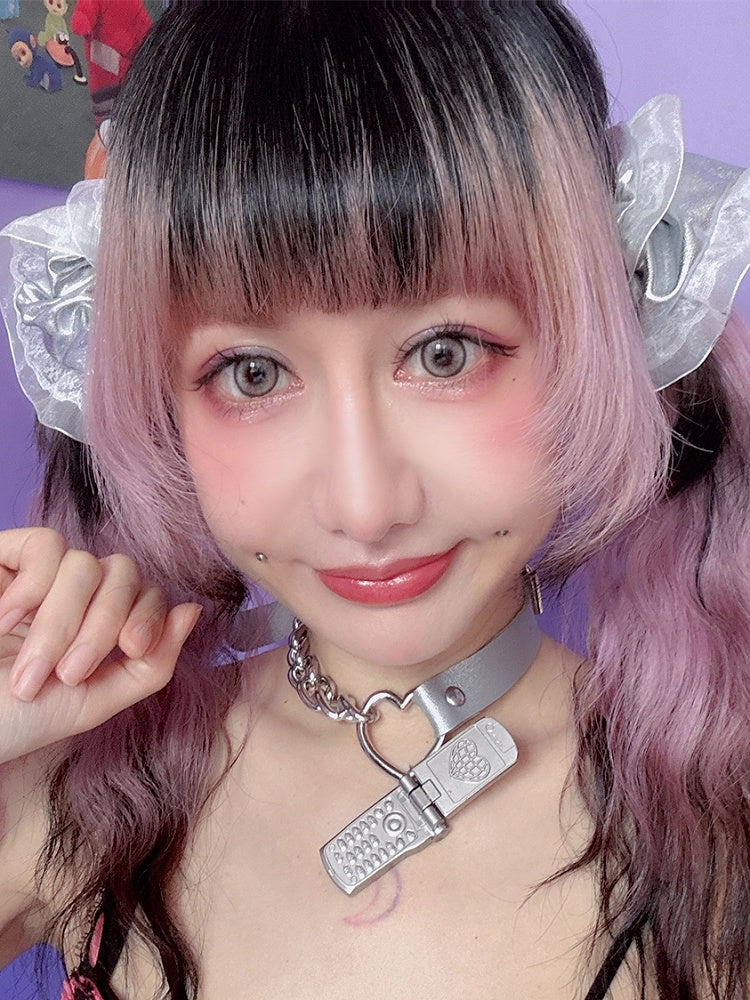 PU Pink/Silber Telefon Y2K Anhänger Choker