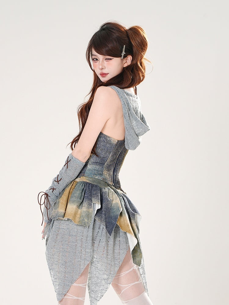 Three - Set Blue Oil Painting Pieces Lace-up Front Hooded Top +