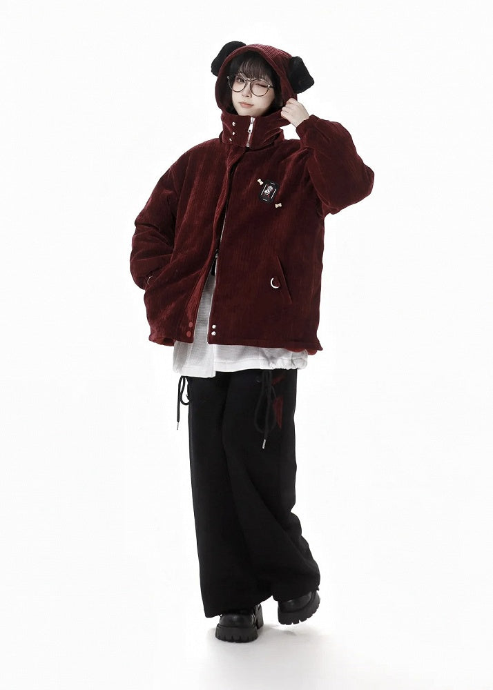 Wine Red High Neck Puppy Ear Hooded Coat