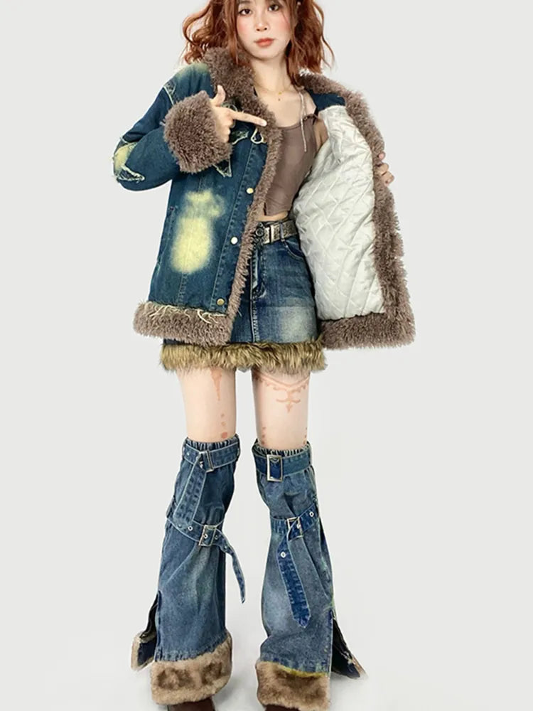 Hem + Leg Fashion Slit Plush Skirt Warmers Denim Side Straps Buckle Gyaru Blue