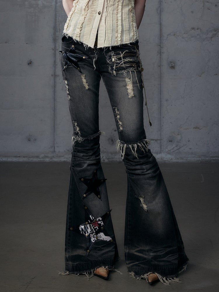 Patches Black PU Flared Rock Star Punk Wasteland Hem Washed Raw Jeans with